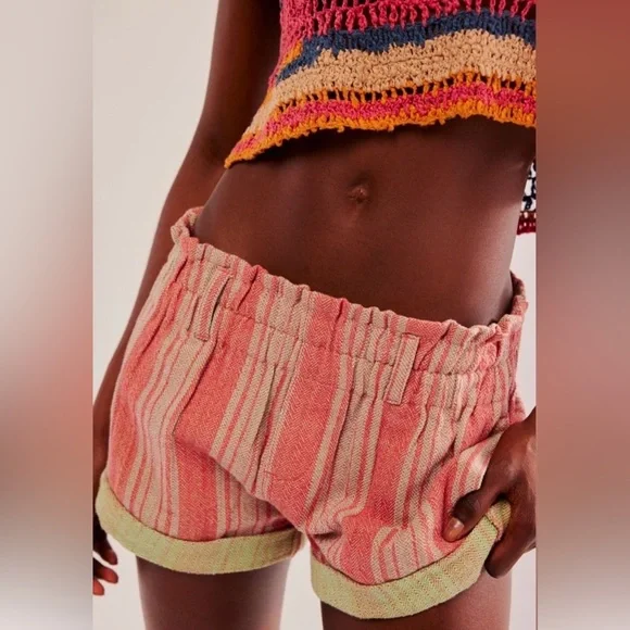 Boho Free People Solar Flare Baja Striped Shorts Large EUC Coral Tan $78 retail - Picture 1 of 4